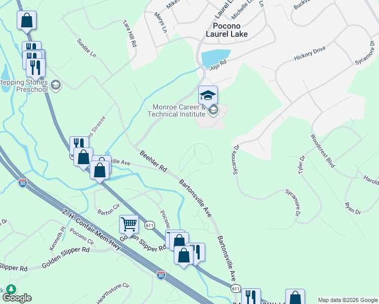 map of restaurants, bars, coffee shops, grocery stores, and more near Barton Court Drive in Monroe County