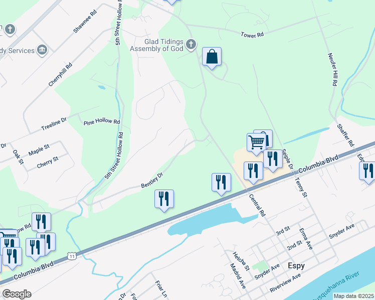 map of restaurants, bars, coffee shops, grocery stores, and more near 2330 Bentley Drive in Bloomsburg