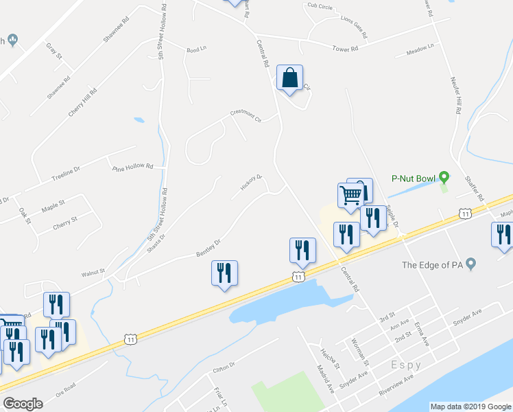 map of restaurants, bars, coffee shops, grocery stores, and more near 2330 Bentley Drive in Bloomsburg