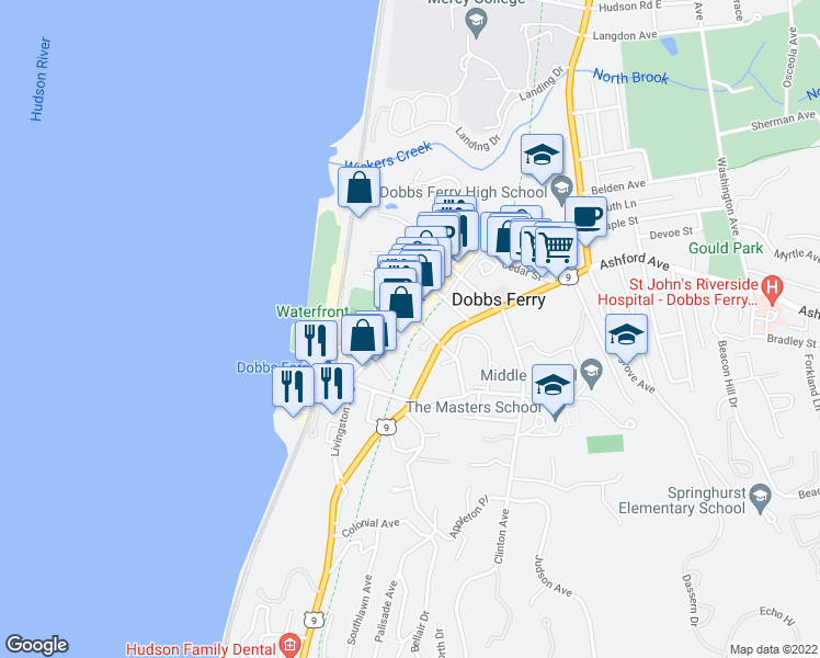map of restaurants, bars, coffee shops, grocery stores, and more near 50 Main Street in Dobbs Ferry