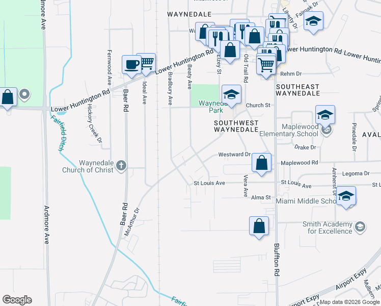 map of restaurants, bars, coffee shops, grocery stores, and more near 3002 McArthur Drive in Fort Wayne