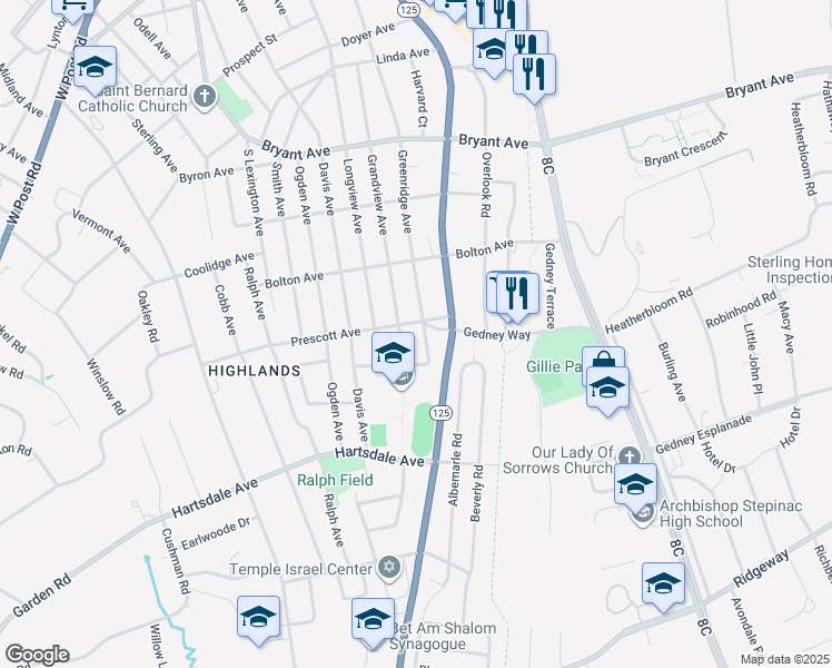 map of restaurants, bars, coffee shops, grocery stores, and more near 121 Grandview Avenue in White Plains