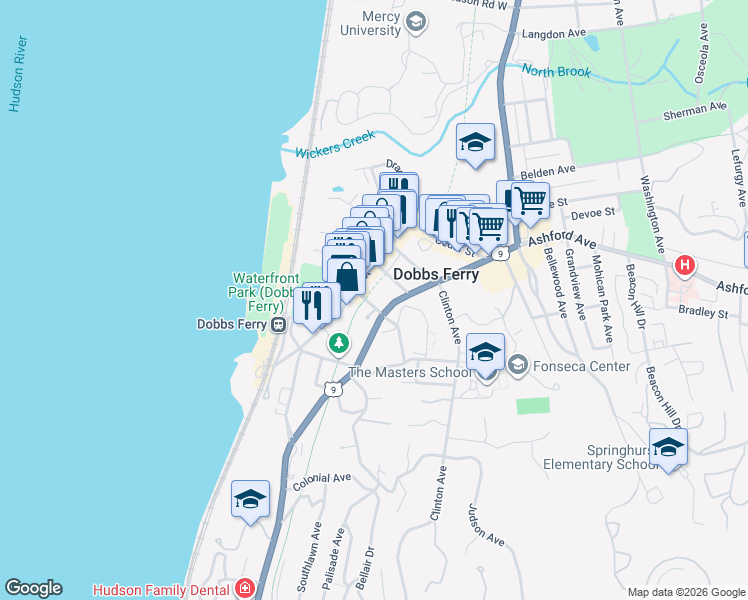 map of restaurants, bars, coffee shops, grocery stores, and more near 300 Broadway in Dobbs Ferry