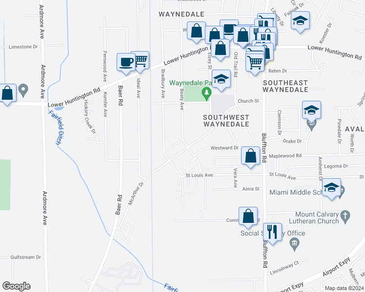 map of restaurants, bars, coffee shops, grocery stores, and more near 7420 Beaty Avenue in Fort Wayne