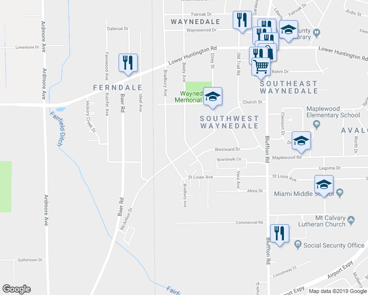 map of restaurants, bars, coffee shops, grocery stores, and more near 7420 Beaty Avenue in Fort Wayne