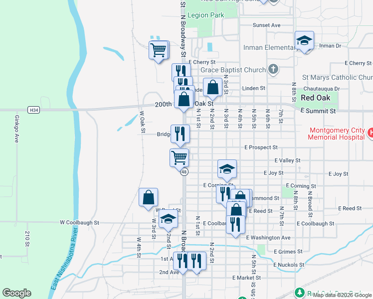 map of restaurants, bars, coffee shops, grocery stores, and more near 104 West Valley Street in Red Oak