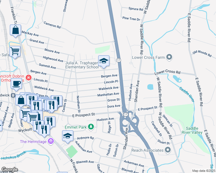 map of restaurants, bars, coffee shops, grocery stores, and more near 123 Manhattan Avenue in Waldwick