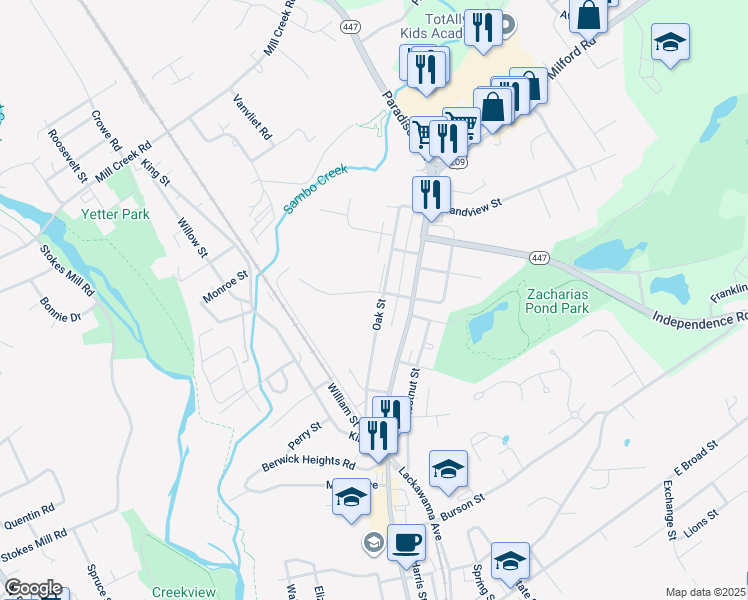 map of restaurants, bars, coffee shops, grocery stores, and more near 205 West 4th Street in East Stroudsburg