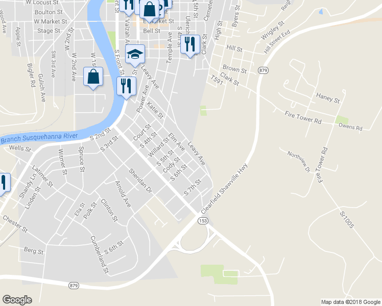 map of restaurants, bars, coffee shops, grocery stores, and more near 520 Elm Avenue in Clearfield
