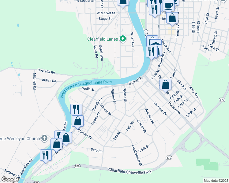 map of restaurants, bars, coffee shops, grocery stores, and more near 204 Witmer Street in Clearfield