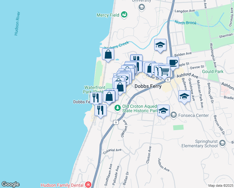 map of restaurants, bars, coffee shops, grocery stores, and more near 59 Main Street in Dobbs Ferry