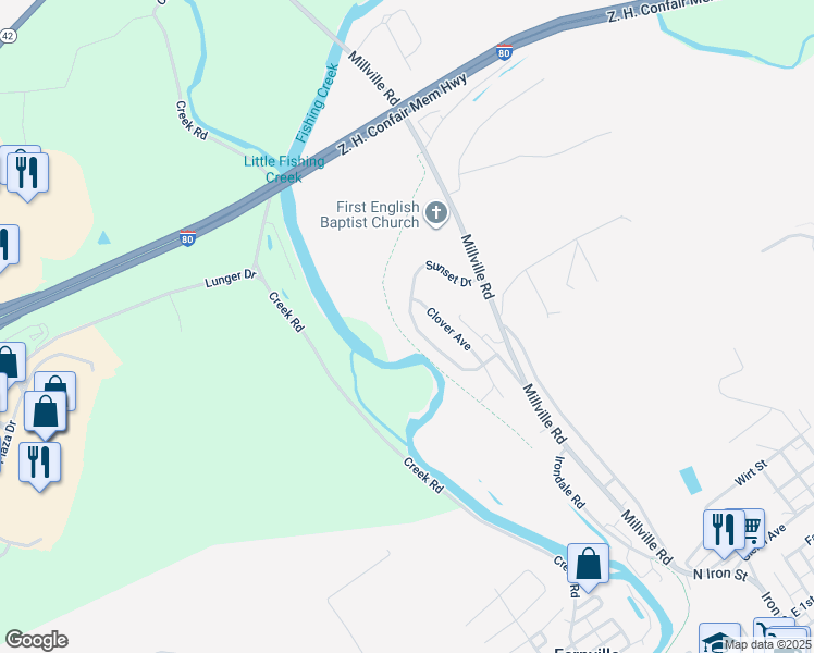 map of restaurants, bars, coffee shops, grocery stores, and more near 568 Sunset Drive in Bloomsburg