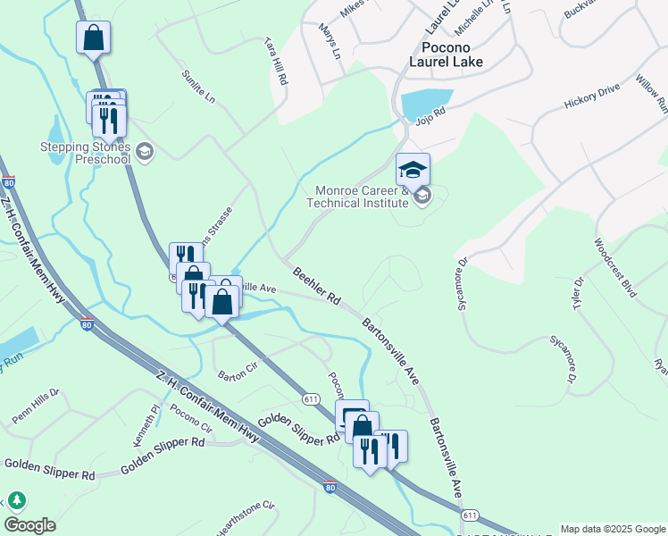 map of restaurants, bars, coffee shops, grocery stores, and more near in Monroe County