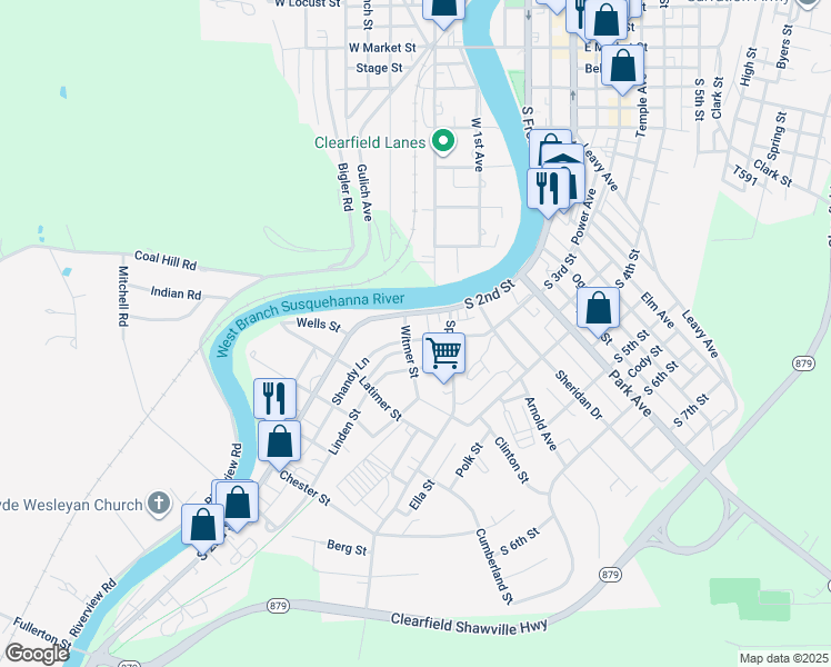 map of restaurants, bars, coffee shops, grocery stores, and more near 204 Witmer Street in Clearfield