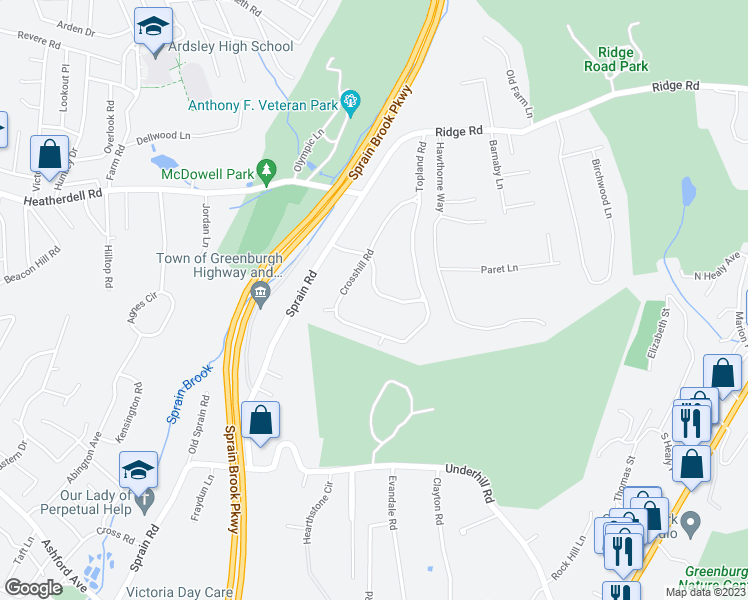 map of restaurants, bars, coffee shops, grocery stores, and more near 20 Rochambeau Drive in Hartsdale