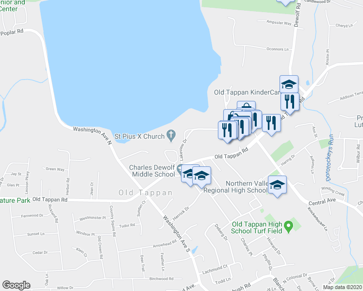 map of restaurants, bars, coffee shops, grocery stores, and more near 27 Lakeview Drive in Westwood