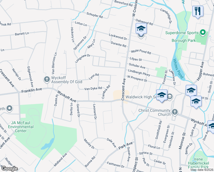 map of restaurants, bars, coffee shops, grocery stores, and more near 7 Warren Place in Waldwick