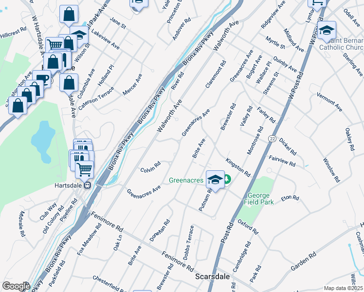 map of restaurants, bars, coffee shops, grocery stores, and more near 60 Greenacres Avenue in Scarsdale
