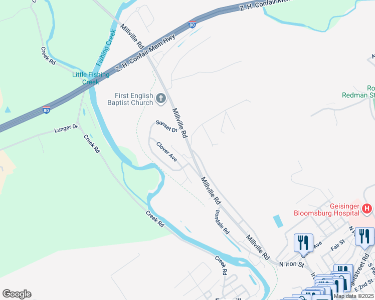 map of restaurants, bars, coffee shops, grocery stores, and more near 556 Millville Road in Bloomsburg