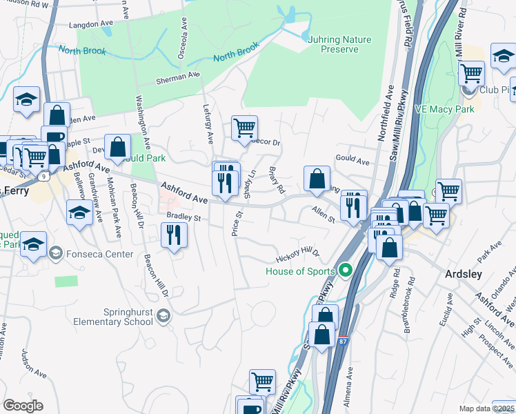 map of restaurants, bars, coffee shops, grocery stores, and more near Ashford Avenue in Dobbs Ferry