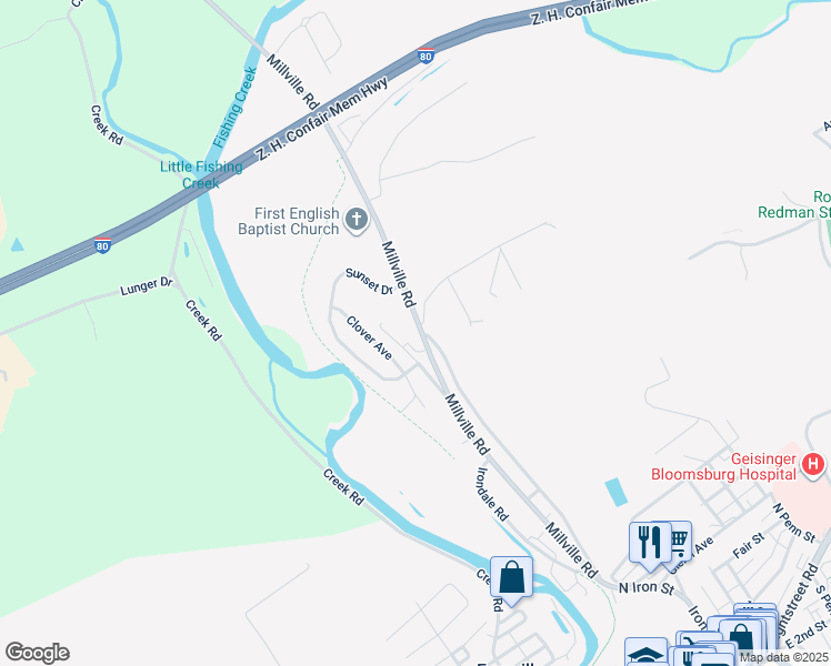 map of restaurants, bars, coffee shops, grocery stores, and more near 556 Millville Road in Bloomsburg