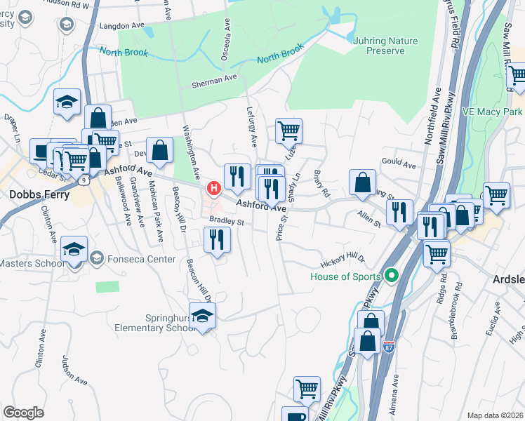 map of restaurants, bars, coffee shops, grocery stores, and more near 94 Virginia Avenue in Dobbs Ferry