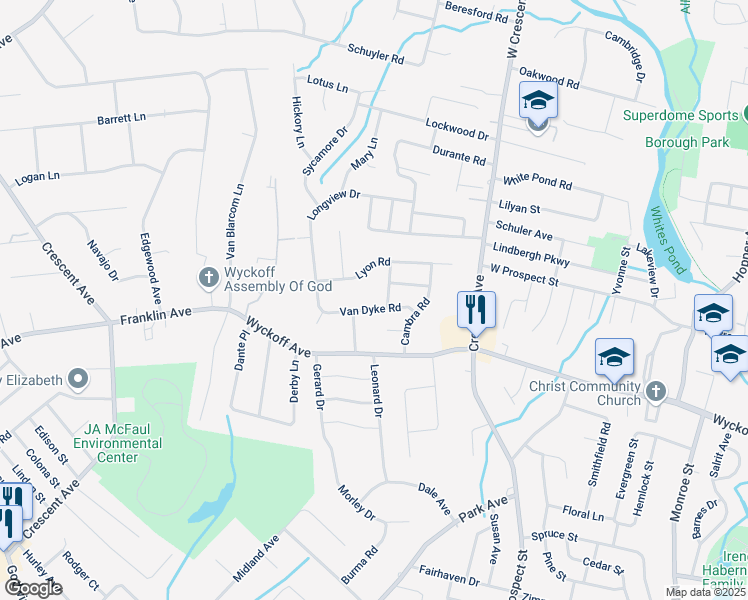 map of restaurants, bars, coffee shops, grocery stores, and more near 54 Lyon Road in Waldwick