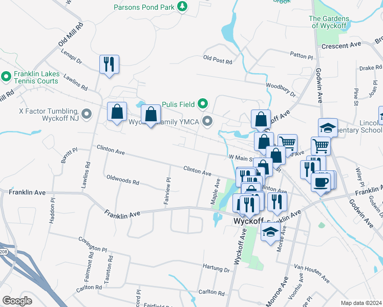 map of restaurants, bars, coffee shops, grocery stores, and more near 471 West Main Street in Wyckoff