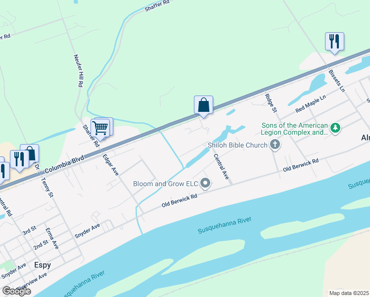 map of restaurants, bars, coffee shops, grocery stores, and more near 26 Willow Ln in Bloomsburg