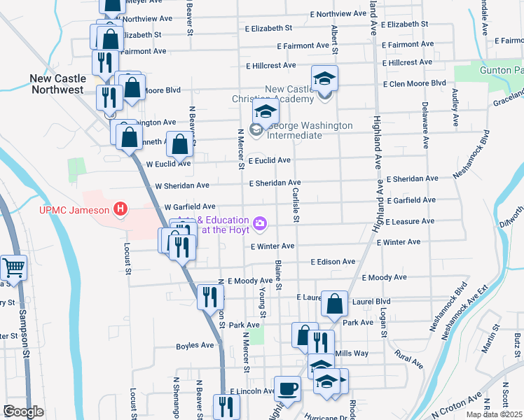 map of restaurants, bars, coffee shops, grocery stores, and more near 116 East Garfield Avenue in New Castle