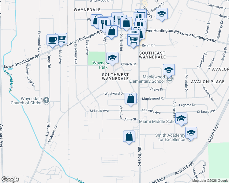 map of restaurants, bars, coffee shops, grocery stores, and more near 7312 Burnsdale Avenue in Fort Wayne