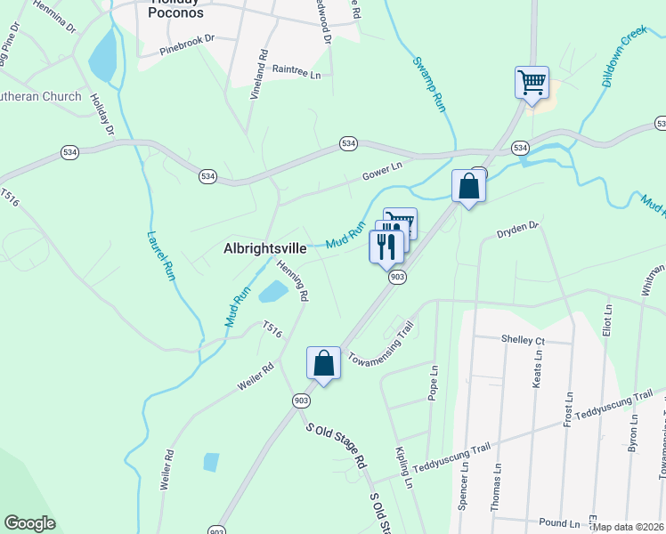 map of restaurants, bars, coffee shops, grocery stores, and more near 20 West Mud Run Road in Albrightsville