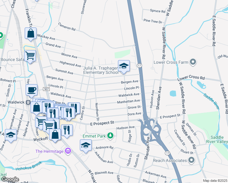 map of restaurants, bars, coffee shops, grocery stores, and more near 104 Lincoln Place in Waldwick