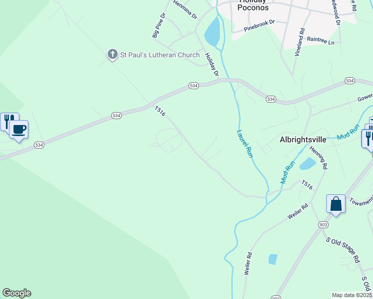 map of restaurants, bars, coffee shops, grocery stores, and more near 1193 North Old Stage Road in Albrightsville
