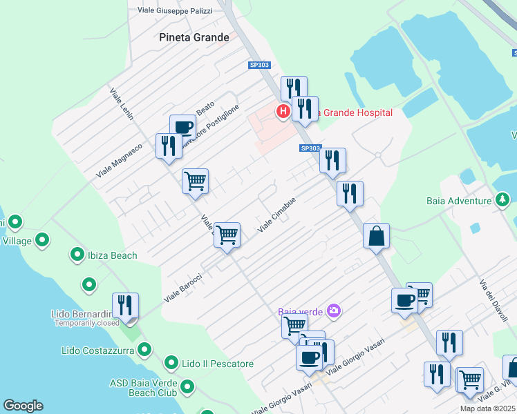 map of restaurants, bars, coffee shops, grocery stores, and more near 43 Viale del Bramante in Castel Volturno