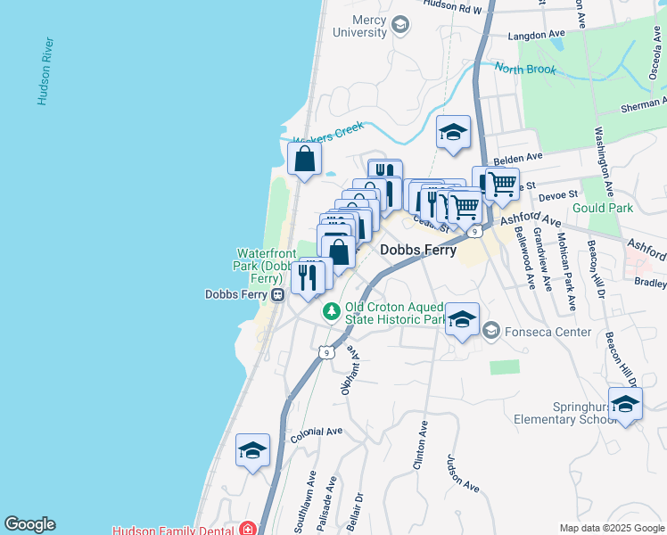 map of restaurants, bars, coffee shops, grocery stores, and more near 75 Main Street in Dobbs Ferry