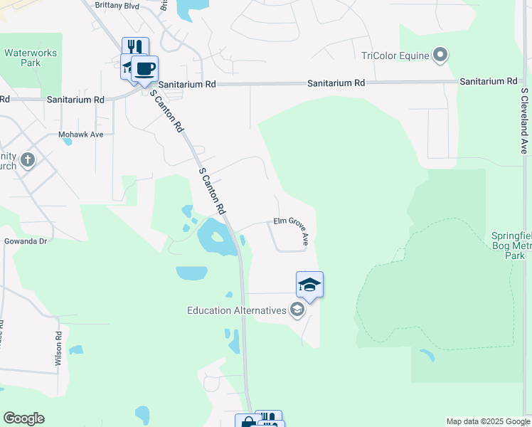 map of restaurants, bars, coffee shops, grocery stores, and more near 1342 Ozark Drive in Akron
