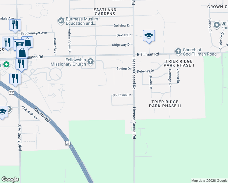 map of restaurants, bars, coffee shops, grocery stores, and more near in Fort Wayne
