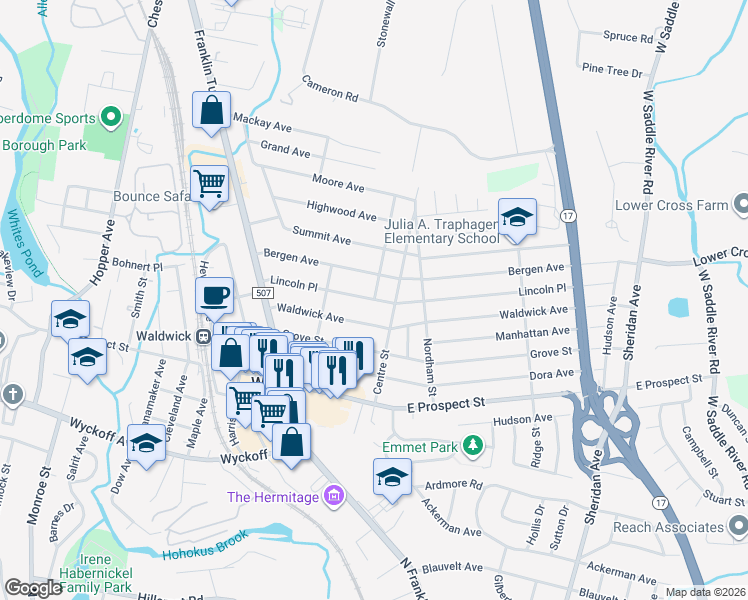 map of restaurants, bars, coffee shops, grocery stores, and more near Lincoln Pl & Cortland St in Waldwick