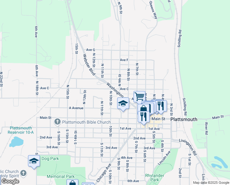 map of restaurants, bars, coffee shops, grocery stores, and more near 906 Avenue C in Plattsmouth