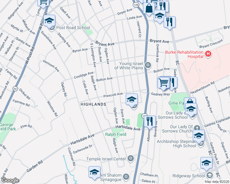 map of restaurants, bars, coffee shops, grocery stores, and more near 72 Ogden Avenue in White Plains
