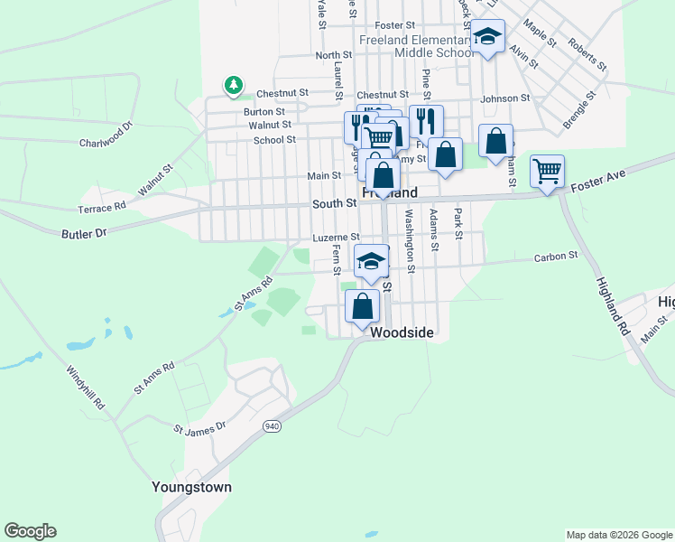 map of restaurants, bars, coffee shops, grocery stores, and more near 300 Fern St in Freeland