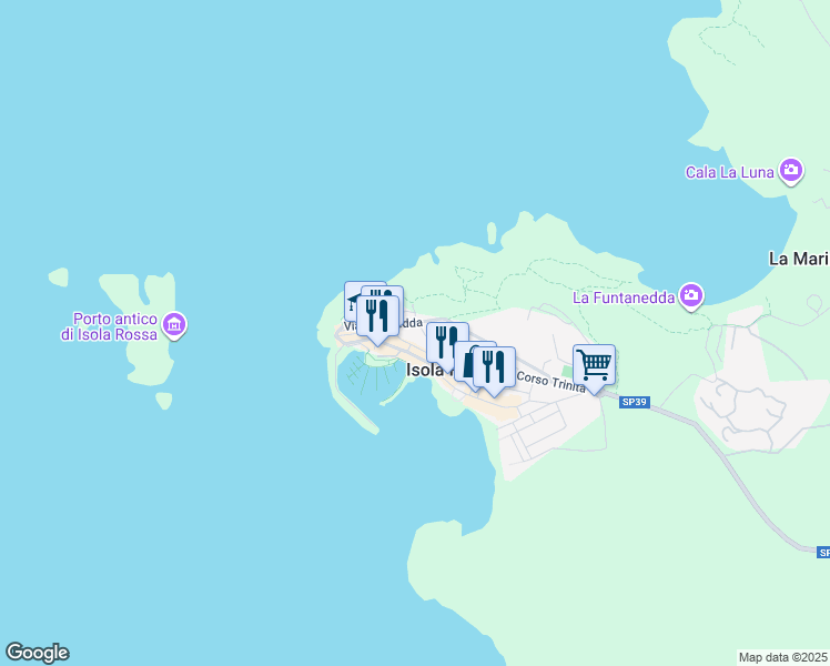 map of restaurants, bars, coffee shops, grocery stores, and more near 68 SP39 in Isola Rossa