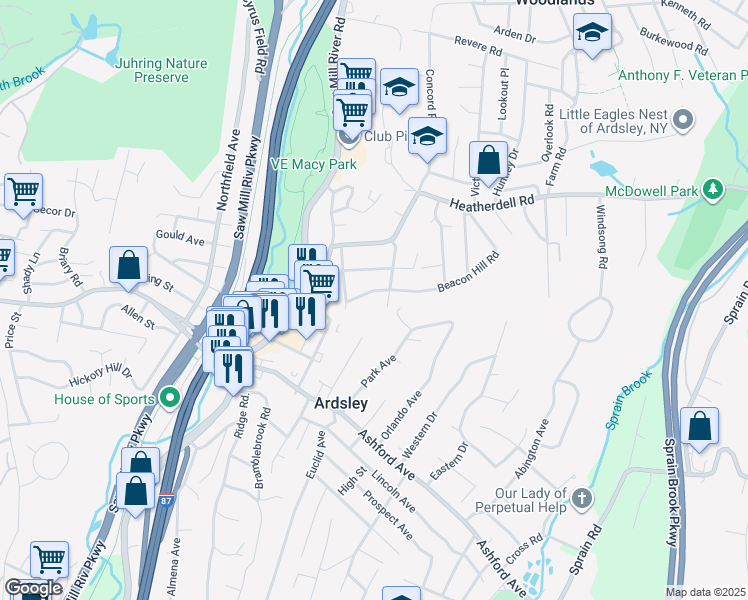 map of restaurants, bars, coffee shops, grocery stores, and more near 30 Beacon Hill Road in Ardsley