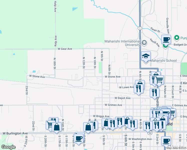 map of restaurants, bars, coffee shops, grocery stores, and more near 700 North 10th Street in Fairfield