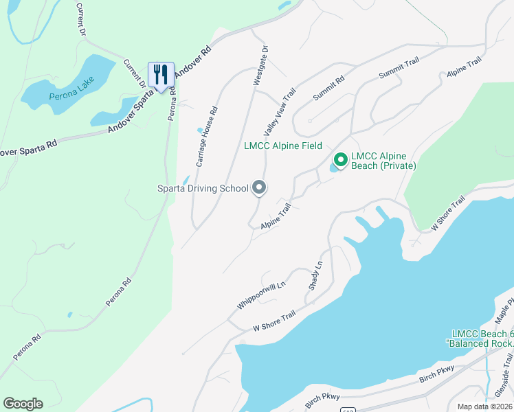 map of restaurants, bars, coffee shops, grocery stores, and more near 104 Valley View Trail in Sparta