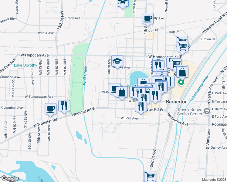 map of restaurants, bars, coffee shops, grocery stores, and more near 143 7th Street Northwest in Barberton