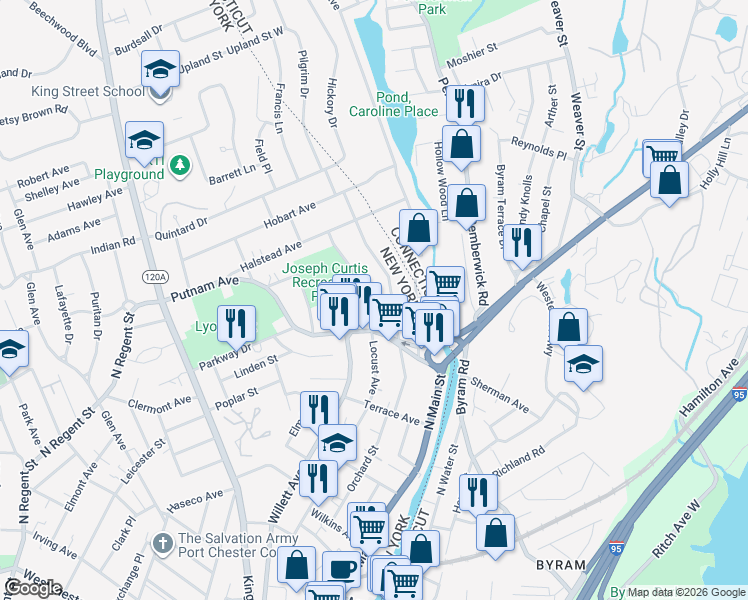 map of restaurants, bars, coffee shops, grocery stores, and more near 579 Locust Avenue in Port Chester