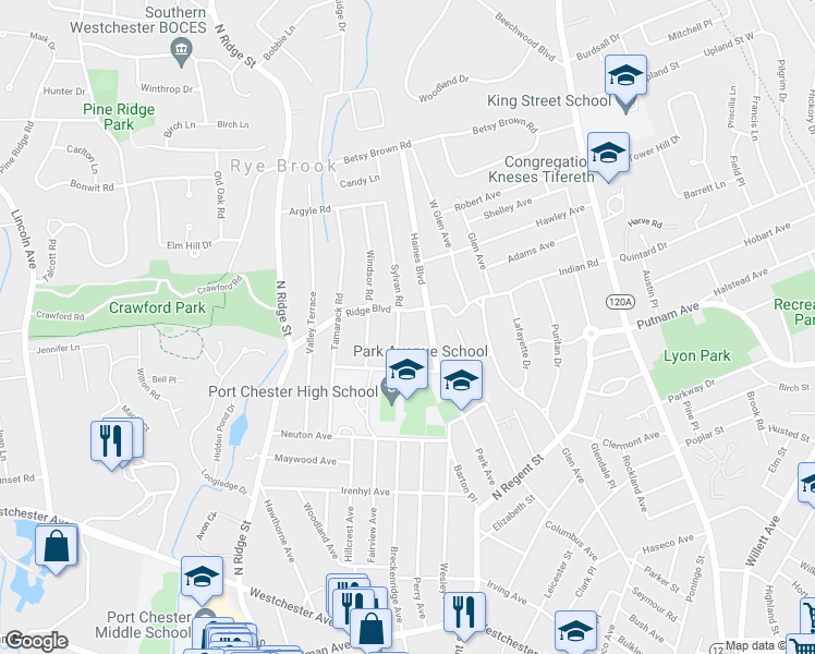 map of restaurants, bars, coffee shops, grocery stores, and more near 28 Ridge Boulevard in Port Chester
