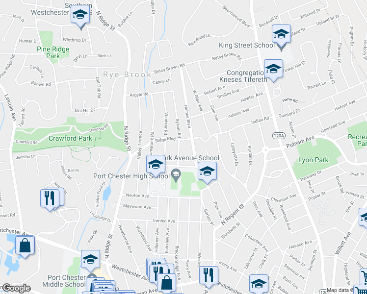 map of restaurants, bars, coffee shops, grocery stores, and more near 28 Ridge Boulevard in Port Chester